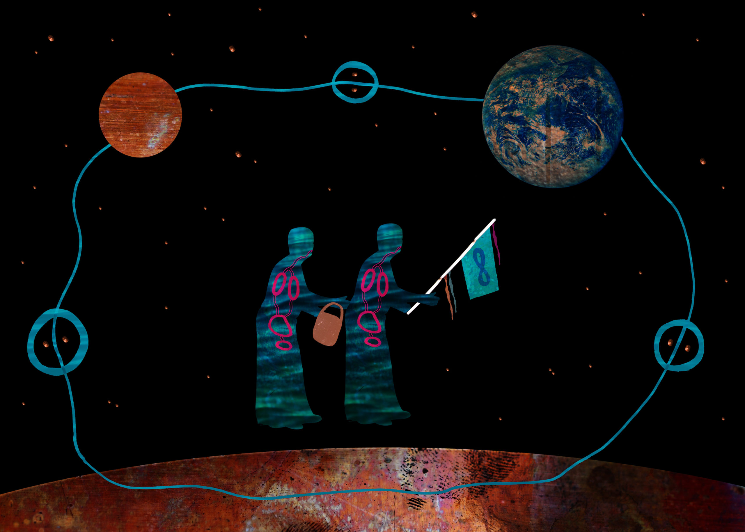 Two figures, shaded by colorful hues of blue, green and pink, are seen floating in a cosmos linked together by a water-bearing object, one figure is wielding a flag. From their posture, slightly bent, they would appear to be elderly, ancestral. Around the figures two planets are connected by streams of blue line.