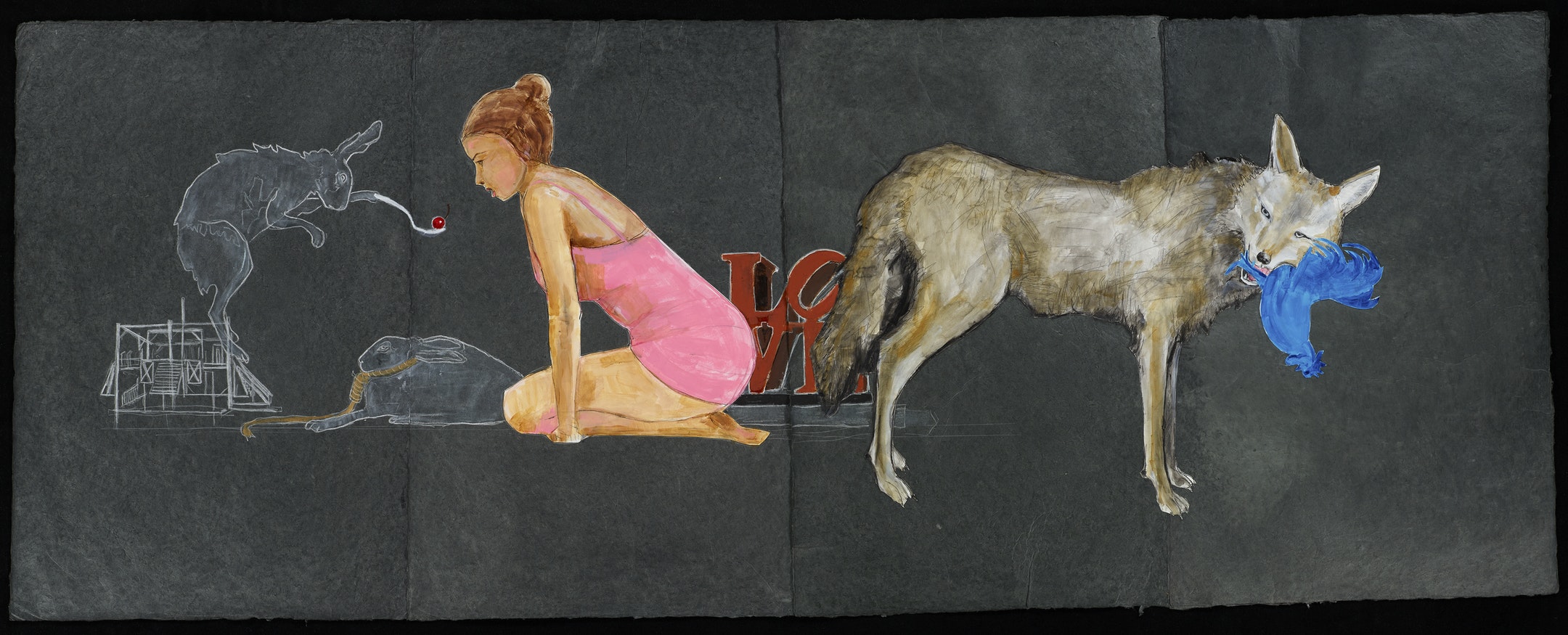 A gray hare stands on a line drawing of scaffolding, holding out a white spoon with a red cherry to a kneeling young person with tan skin, brown hair, and a pink dress. A hare with a noose around its neck sits between them. Red block letters with the word “LOVE” stand in the background, beside a snarling coyote holding a blue rooster in its mouth.