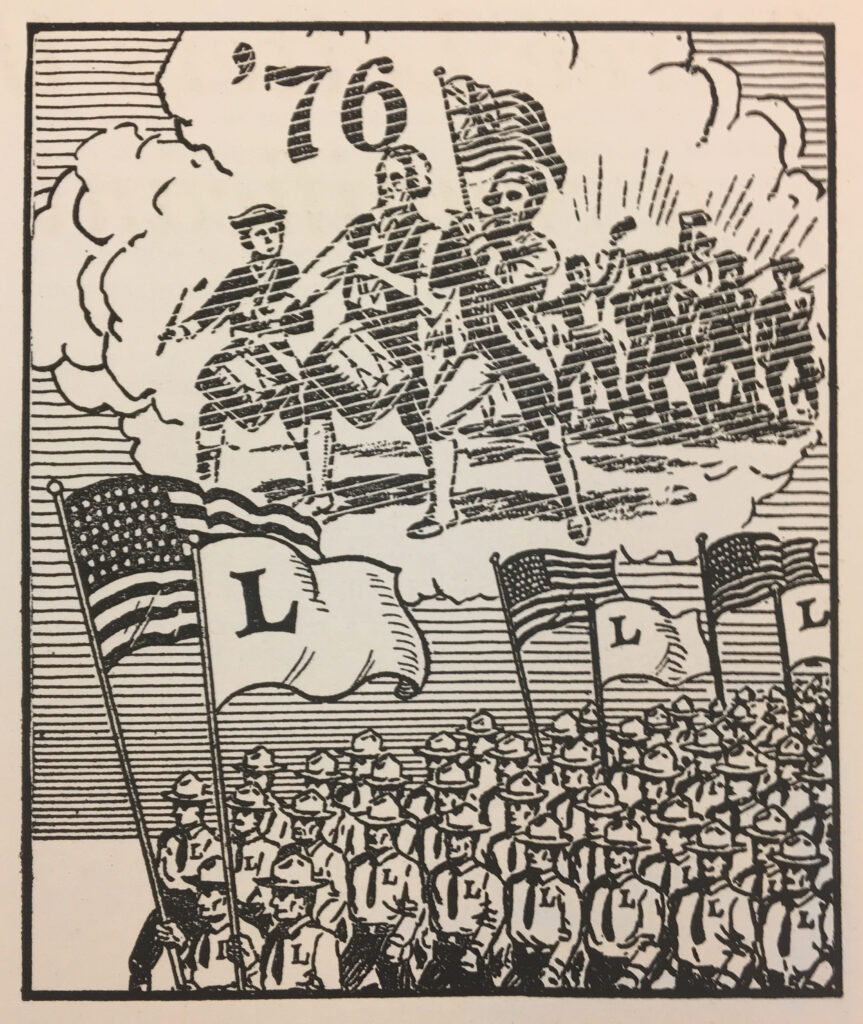 Cartoon depicting dozens of Silvershirts marching with American flags and Silver Legion flags (simple blank background with Large “L” in upper left corner). Above the Silvershirts, a cloud contains marching revolutionaries with ‘76 hovering above two drummers. 