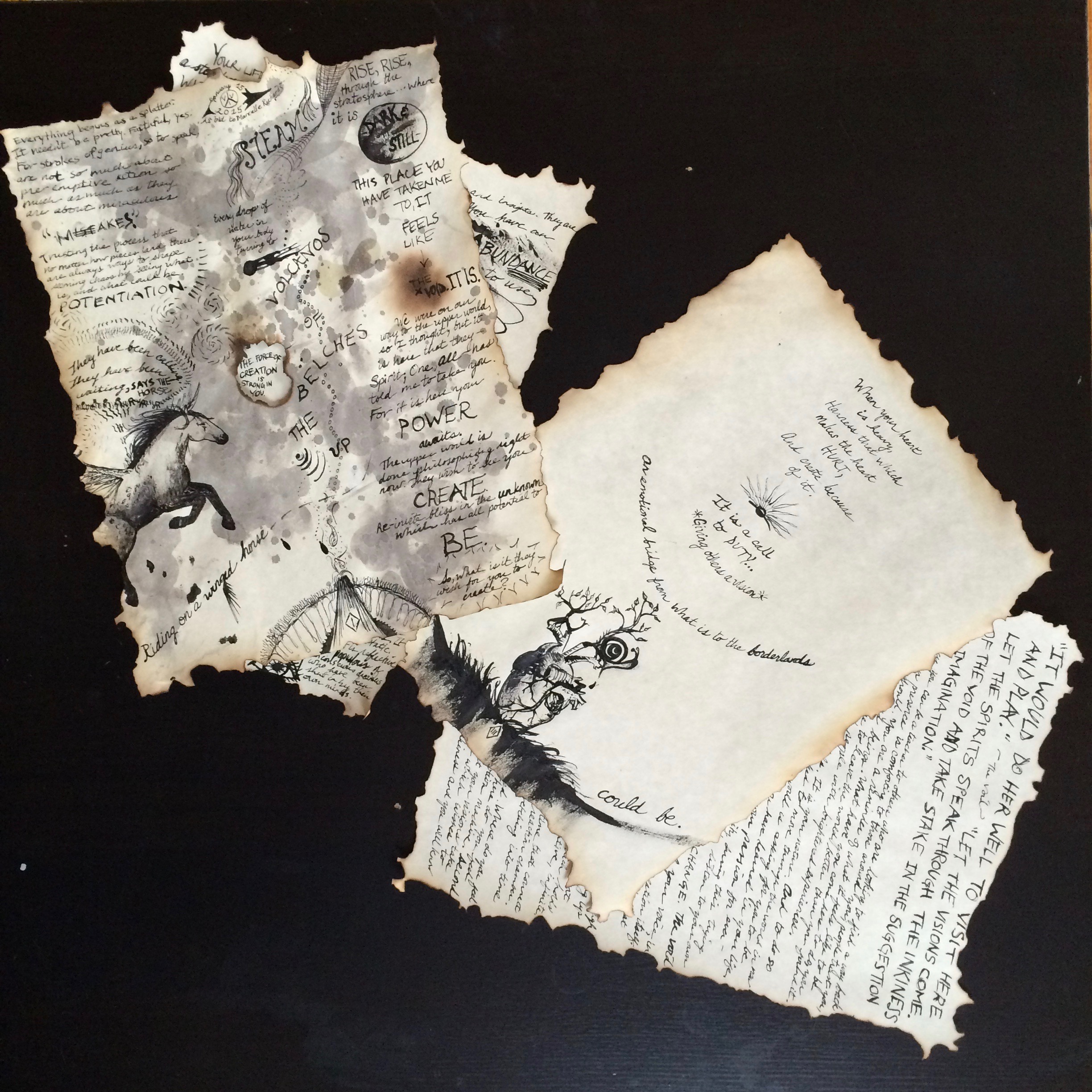 Image description: Four sheets of parchment paper with burned edges, cursive and block writing, including drawings of a horse and an anatomical heart.