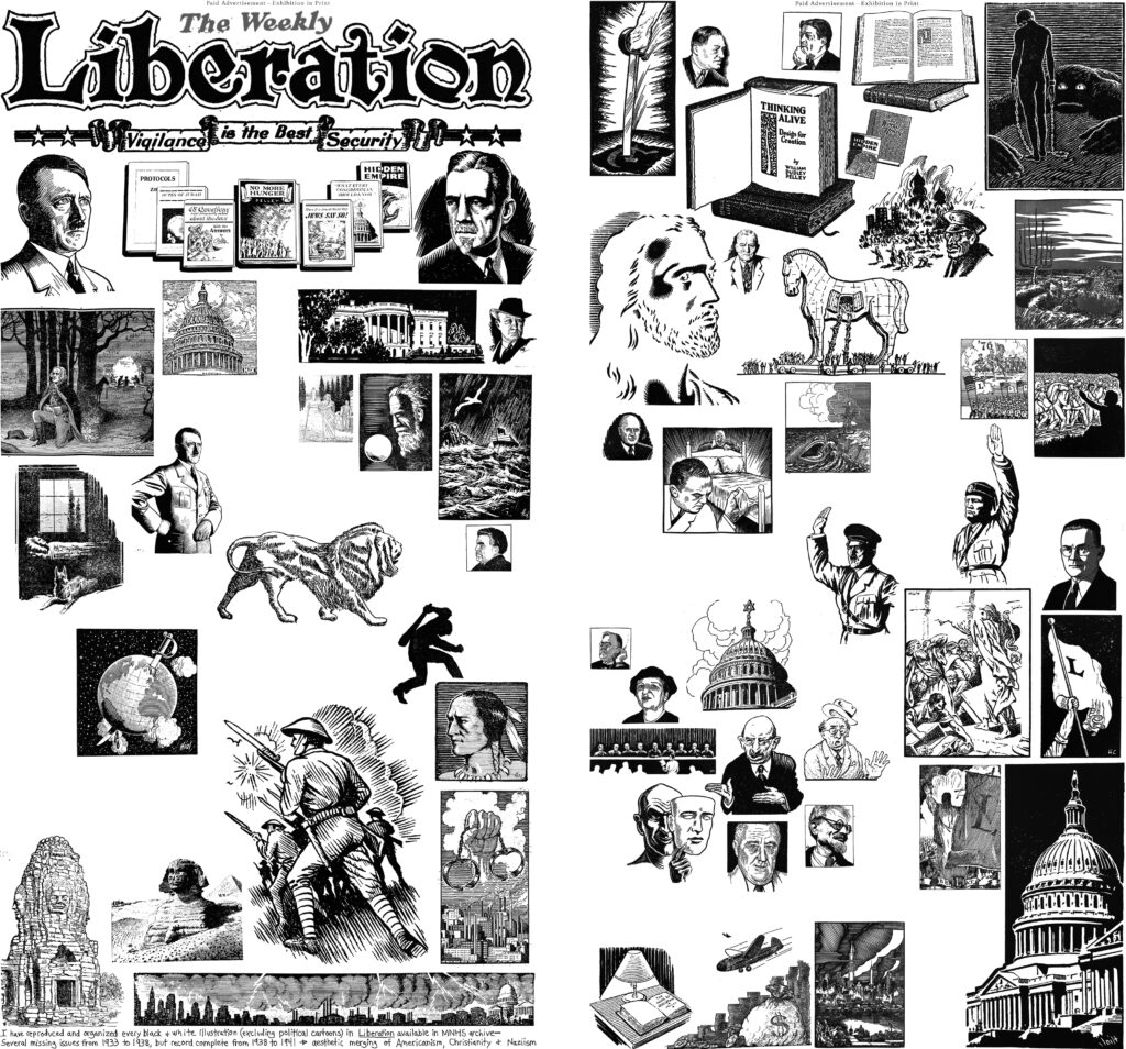 the Liberation heading is reproduced in the top left of the image. The rest of the collage contains black and white symbols and illustrations such as portraits of Hitler and Pelley, depictions of scenes from the Bible, soldiers, a sillhouette bearing a club as a weapon, antisemitic caricatures, a Trojan horse, and various other figures.