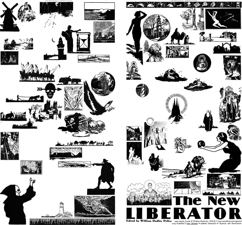 Alt text: the New Liberator heading appears in the bottom right corner of the collage. The rest of the image contains simple black and white illustrations of landscapes, armies, cities, scenes from the Bible, nude women, shepherds, and ships among others.