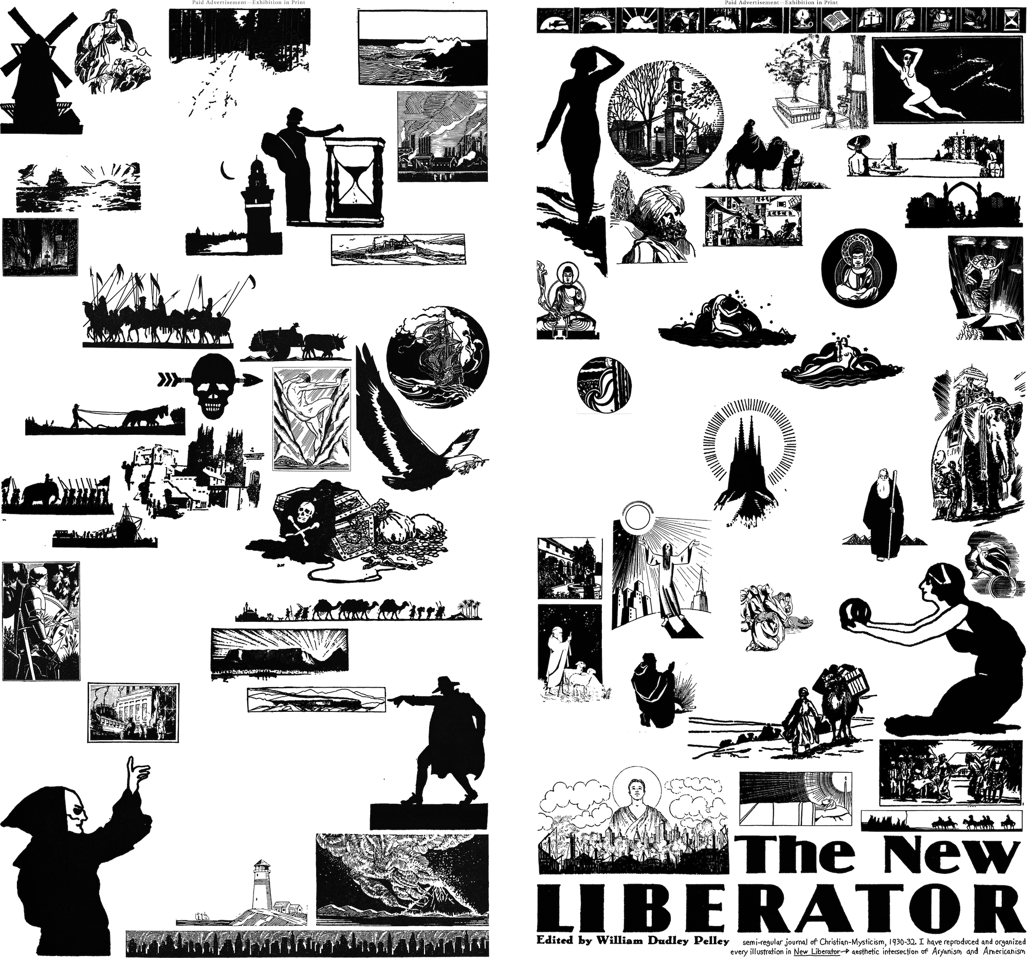 the New Liberator heading appears in the bottom right corner of the collage. The rest of the image contains simple black and white illustrations of landscapes, armies, cities, scenes from the Bible, nude women, shepherds, and ships among others.