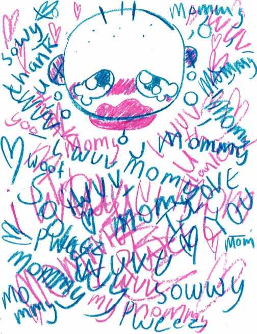 A crying cartoon image in blue and red-violet crayon is surrounded by layered scrawled text reading "sowwy mommy"