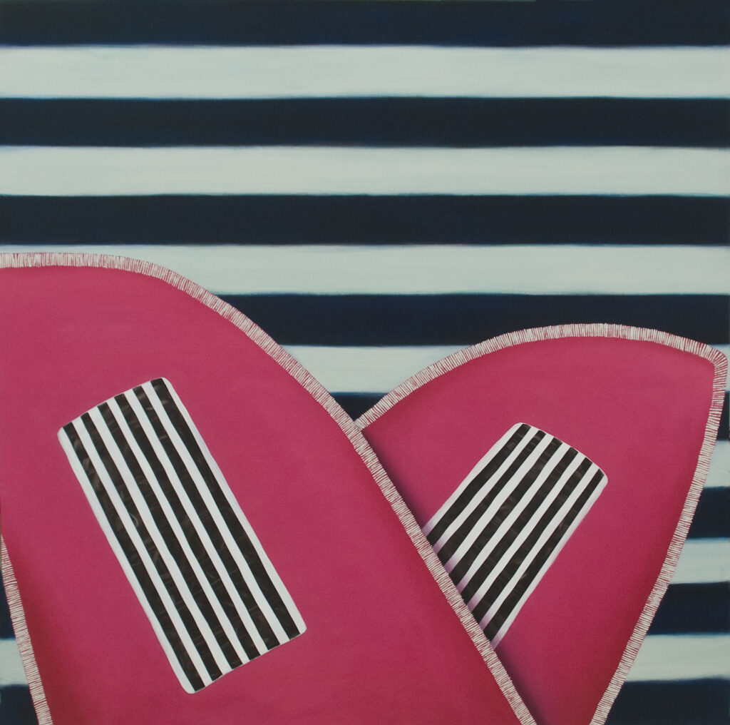 Two hot pink moccasin figures against black and white striped background.