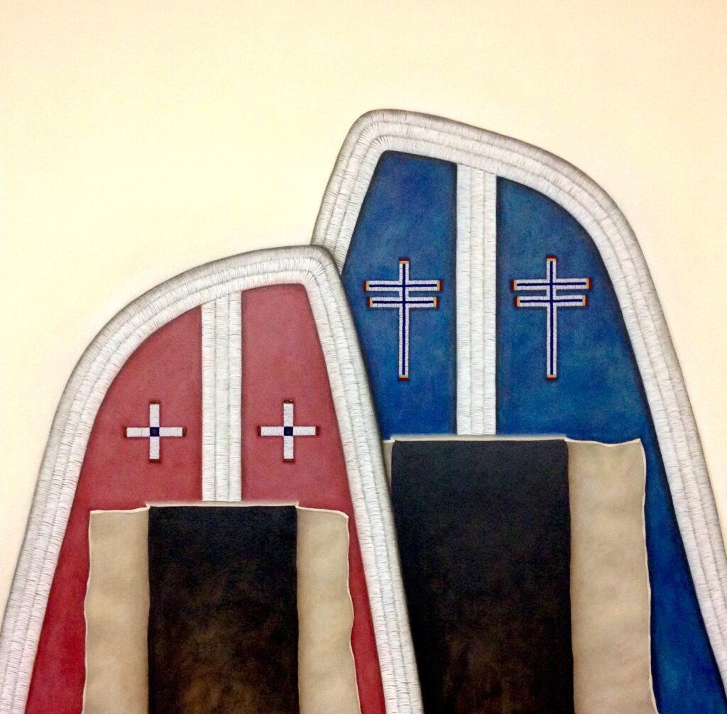 Smaller red and larger blue moccasins with cross patterns.