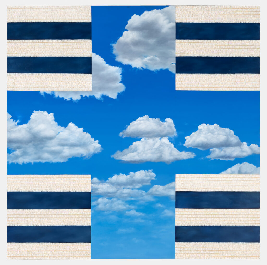 Blue cross with white clouds, navy and beige stripes in four corners.