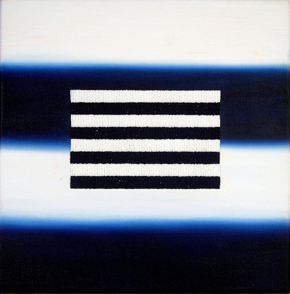 Rectangle of black and white stripes in the center of a field of dark blue and white stripes.