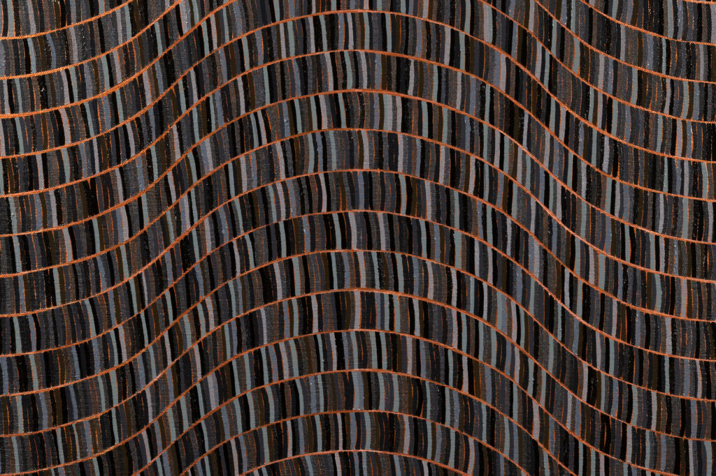 Detail view of wavy, dark gray brushstroke pattern.