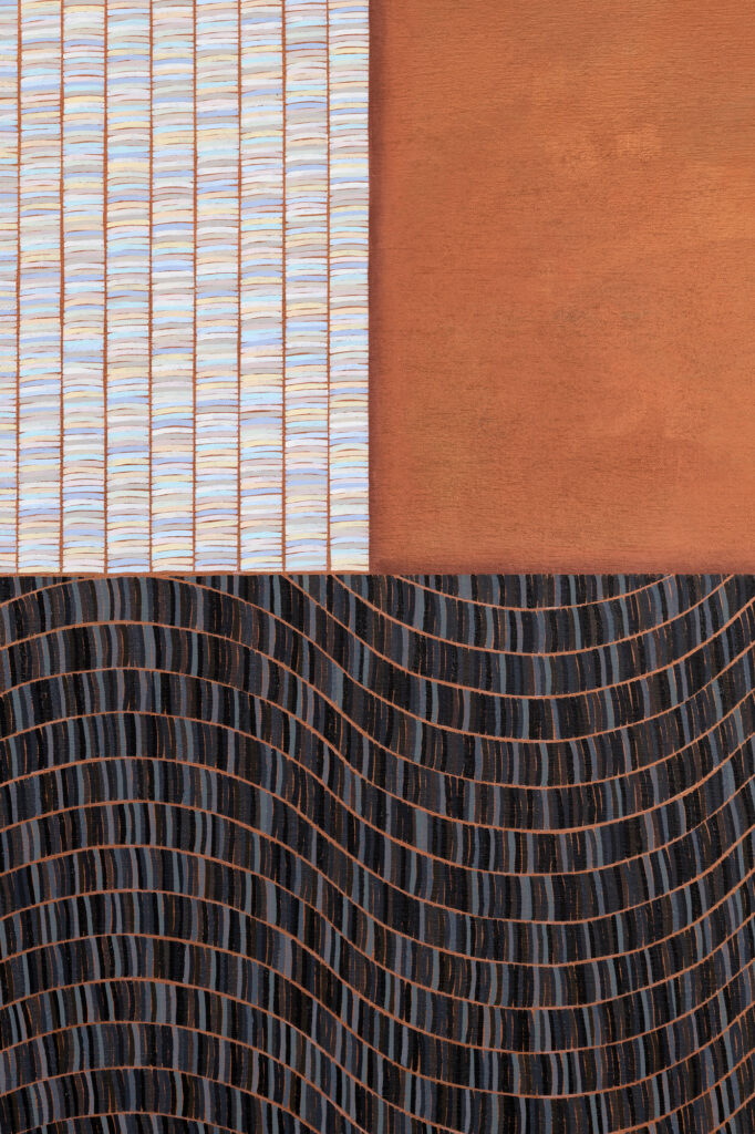 Detail view of light-colored brushstroke pattern, solid rust-colored field, and wavy, dark gray brushstroke pattern.