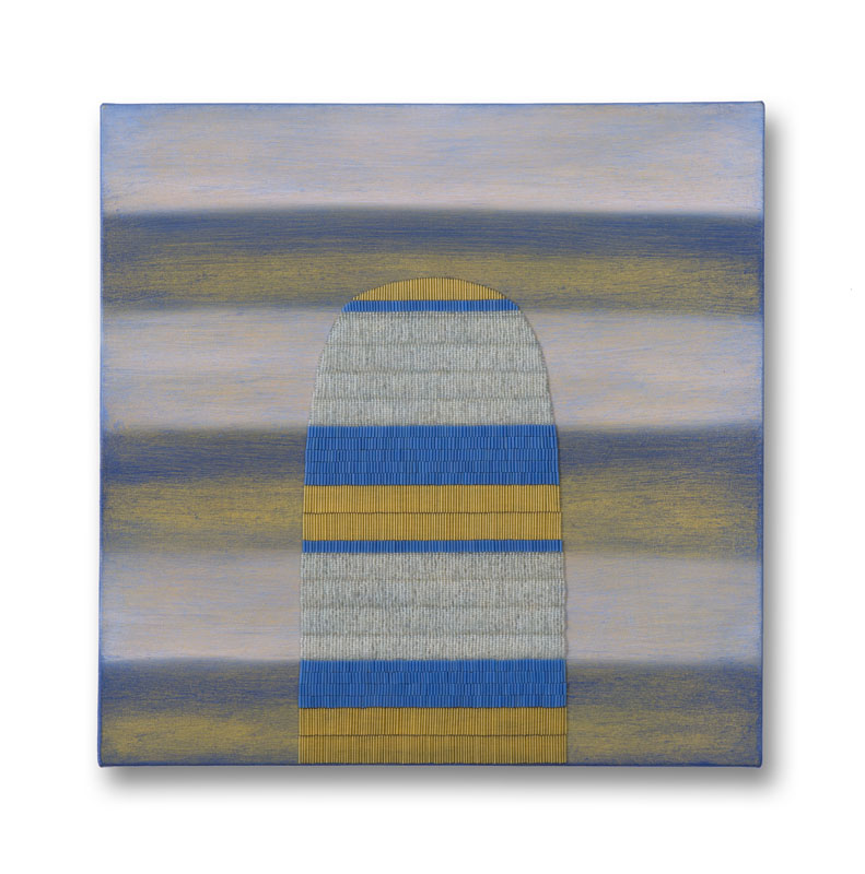 Blue, yellow, and white striped painting with oblong beaded shape.