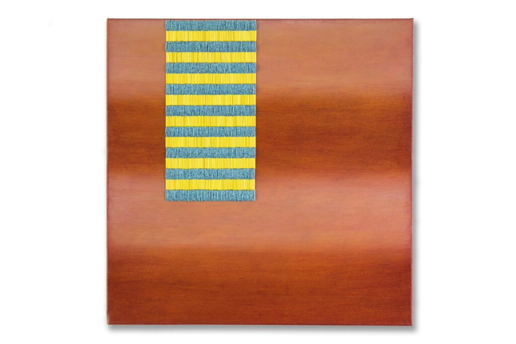 Rectangle with beaded yellow and turquoise stripes, against lighter and darker coral stripes.