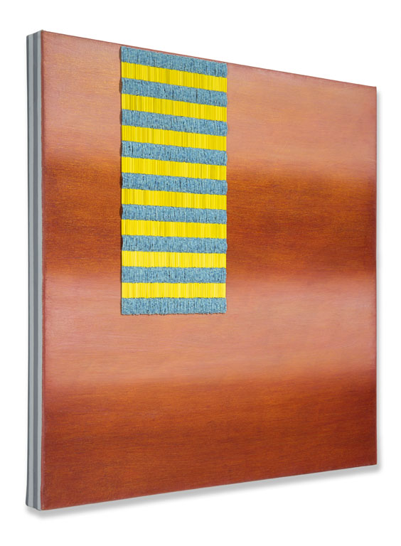 Side view of painting: rectangle with beaded yellow and turquoise stripes, against lighter and darker coral stripes.