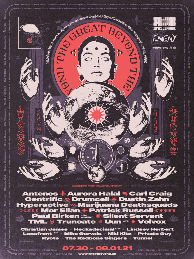 Concert poster with drawing of white head with red halo and four pairs of hands orbiting a planet. Title reads: THE GREAT BEYOND