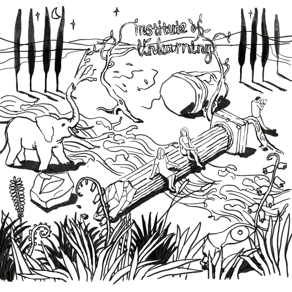 An elephant trumpets in a natural landscape, with text reading "Institute of Unlearning"