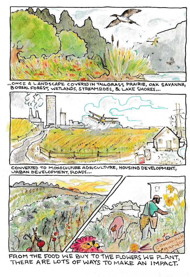 Comic with three panels: prairie landscape, farm, and community garden.