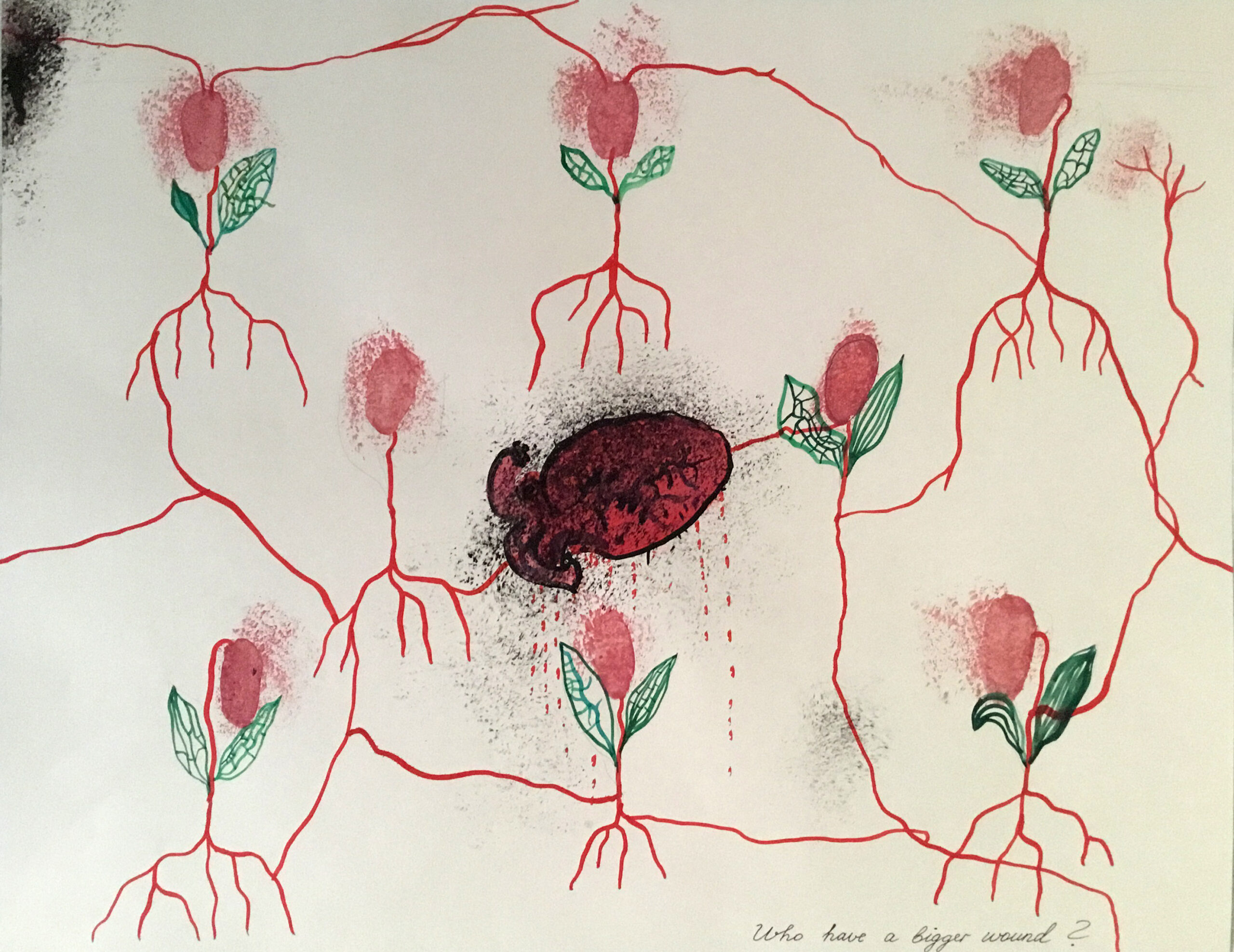 Watercolor of red anatomical heart dripping blood, surrounded by pink flowers with red root system.