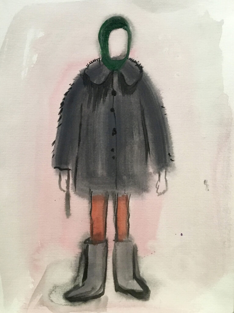 Watercolor figure with gray coat, gray boots, orange tights, green hood, and blank face.