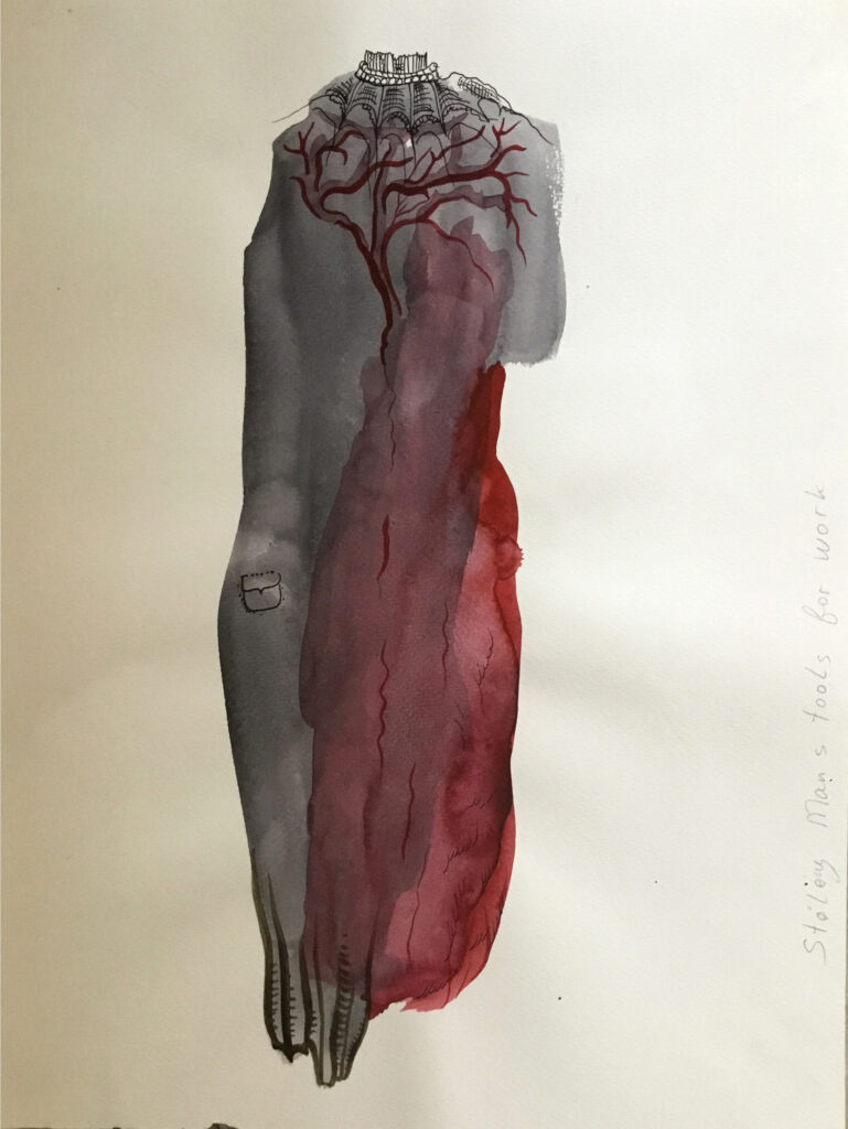 Watercolor of gray torso with dark red pool and vein pattern in chest area.