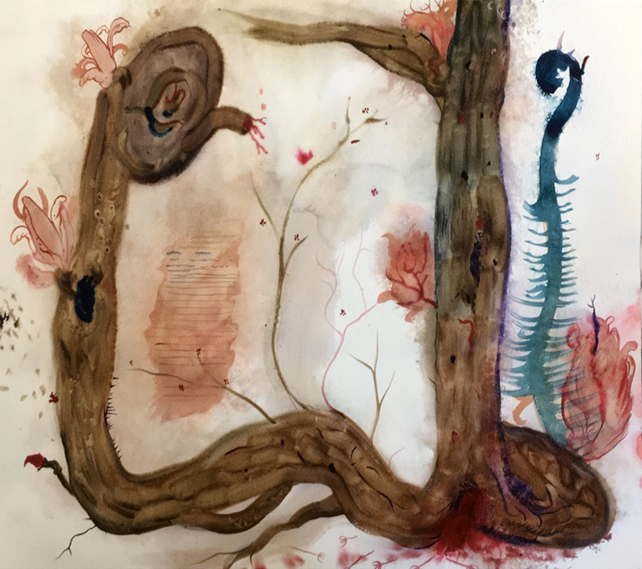 Watercolor of brown tree with root system growing vertically, and pink and blue detail.