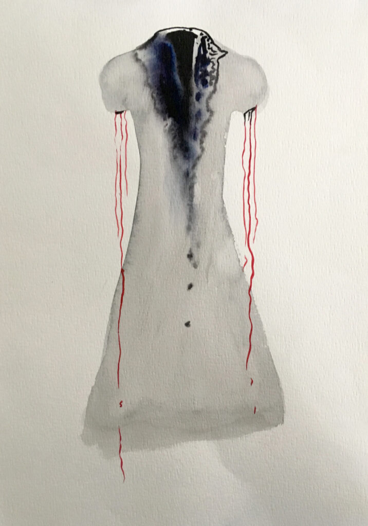 Watercolor of light gray dress with dark area at neck and red dripping from sleeves.