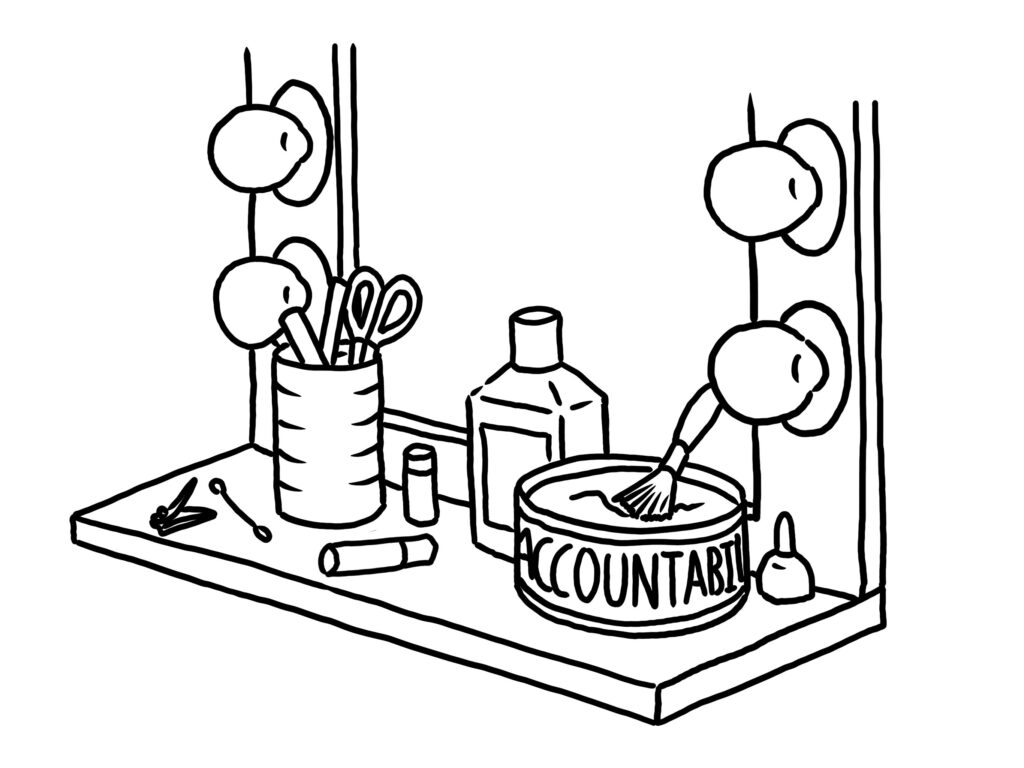 Line drawing of makeup mirror with powder container reading "ACCOUNTABILITY."
