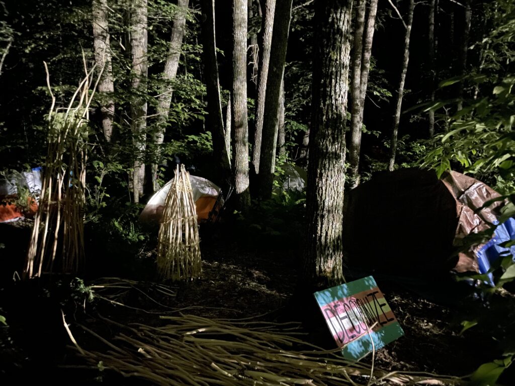 Group of tents stands in shadowy woods, with sign in lower corner that reads "DECOLONIZE."