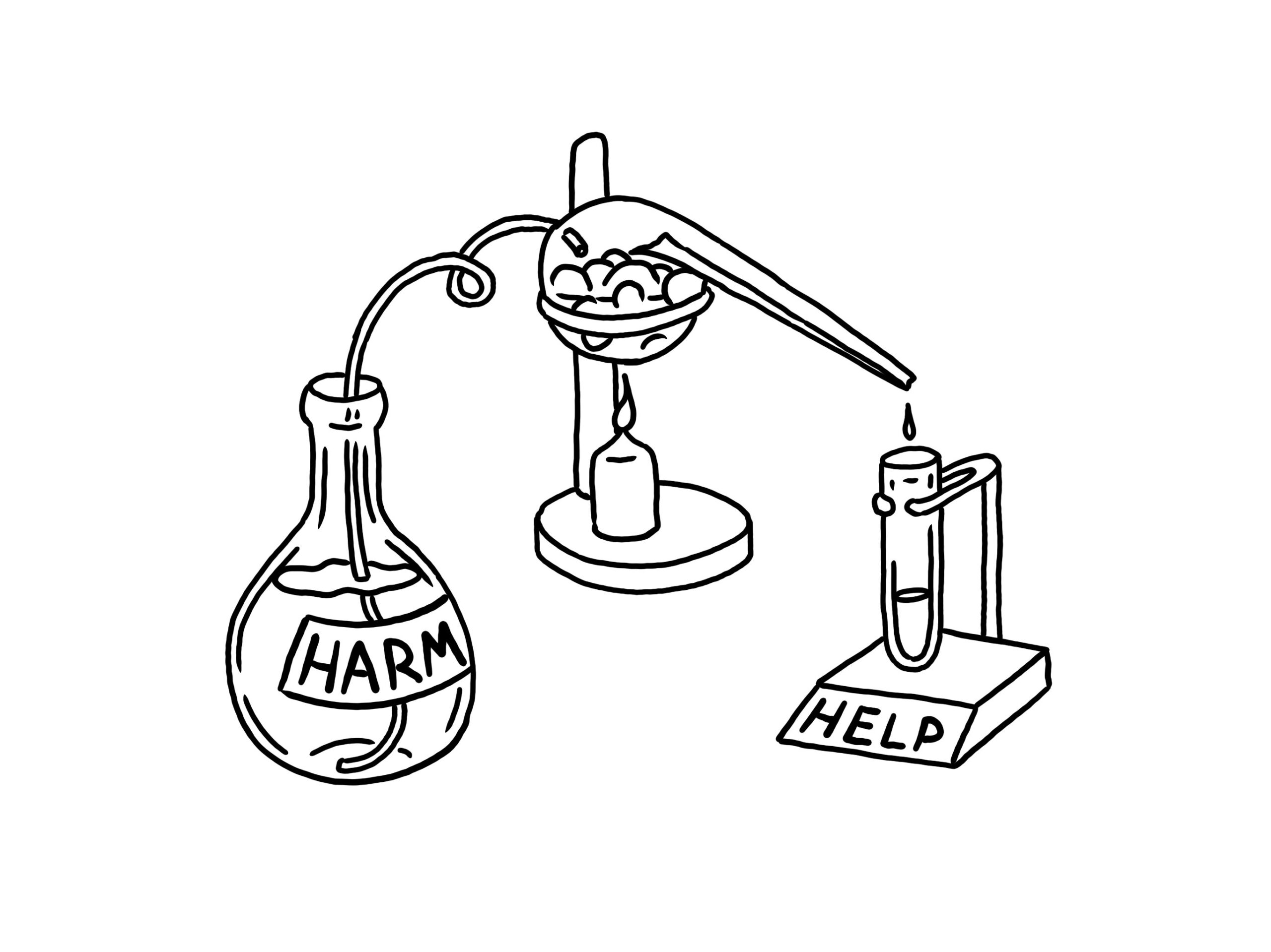 Line drawing of beaker reading "HARM" funneling into test tube labeled "HELP."