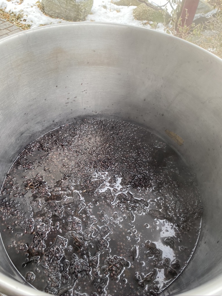 Large metal pot full of deep red, boiling liquid and berries.