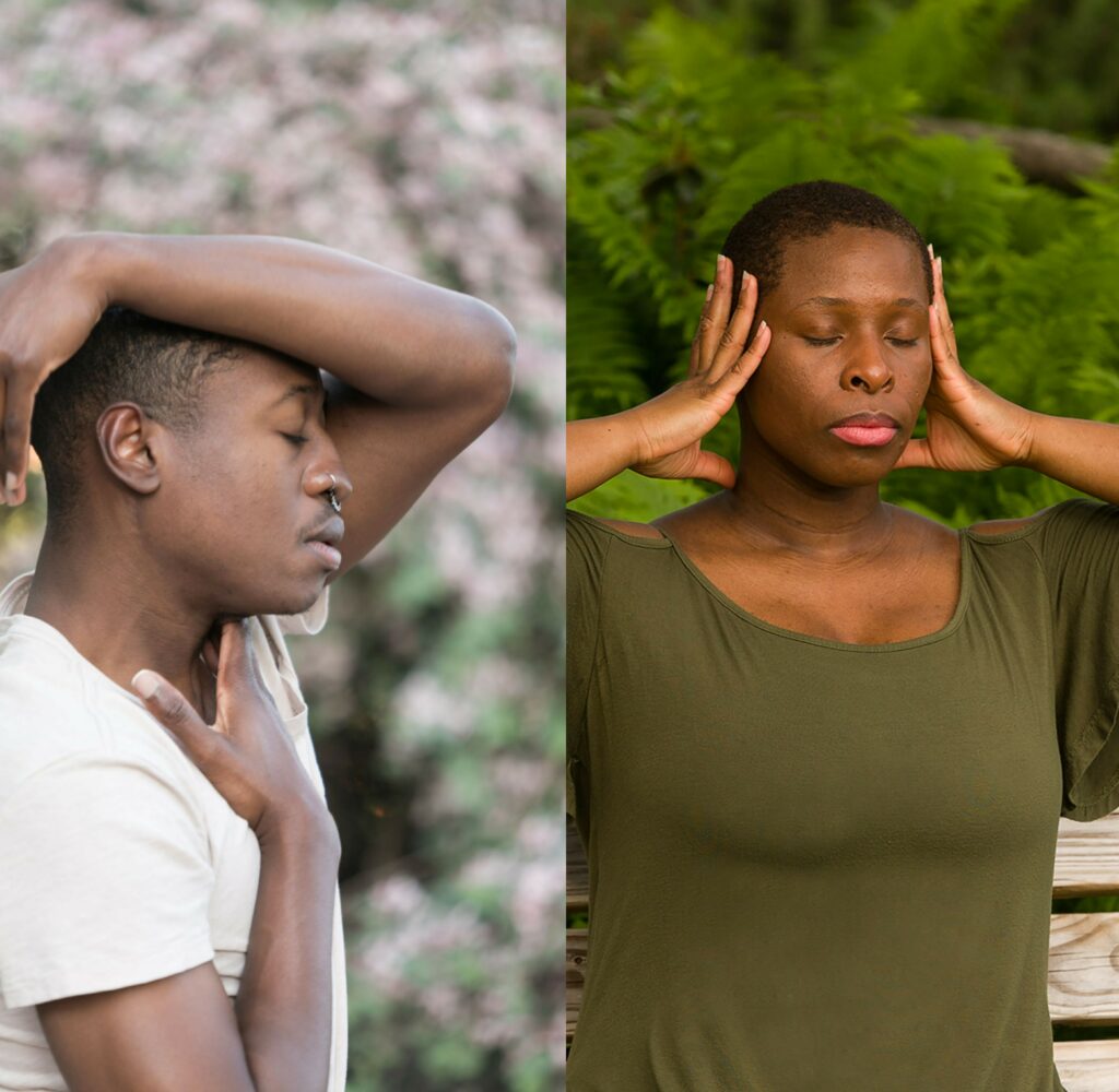 Left: Person with dark skin and white t-shirt wraps an arm around their head and places fingers on their throat. Left: person with dark skin sits on bench and presses fingertips to either side of their face.