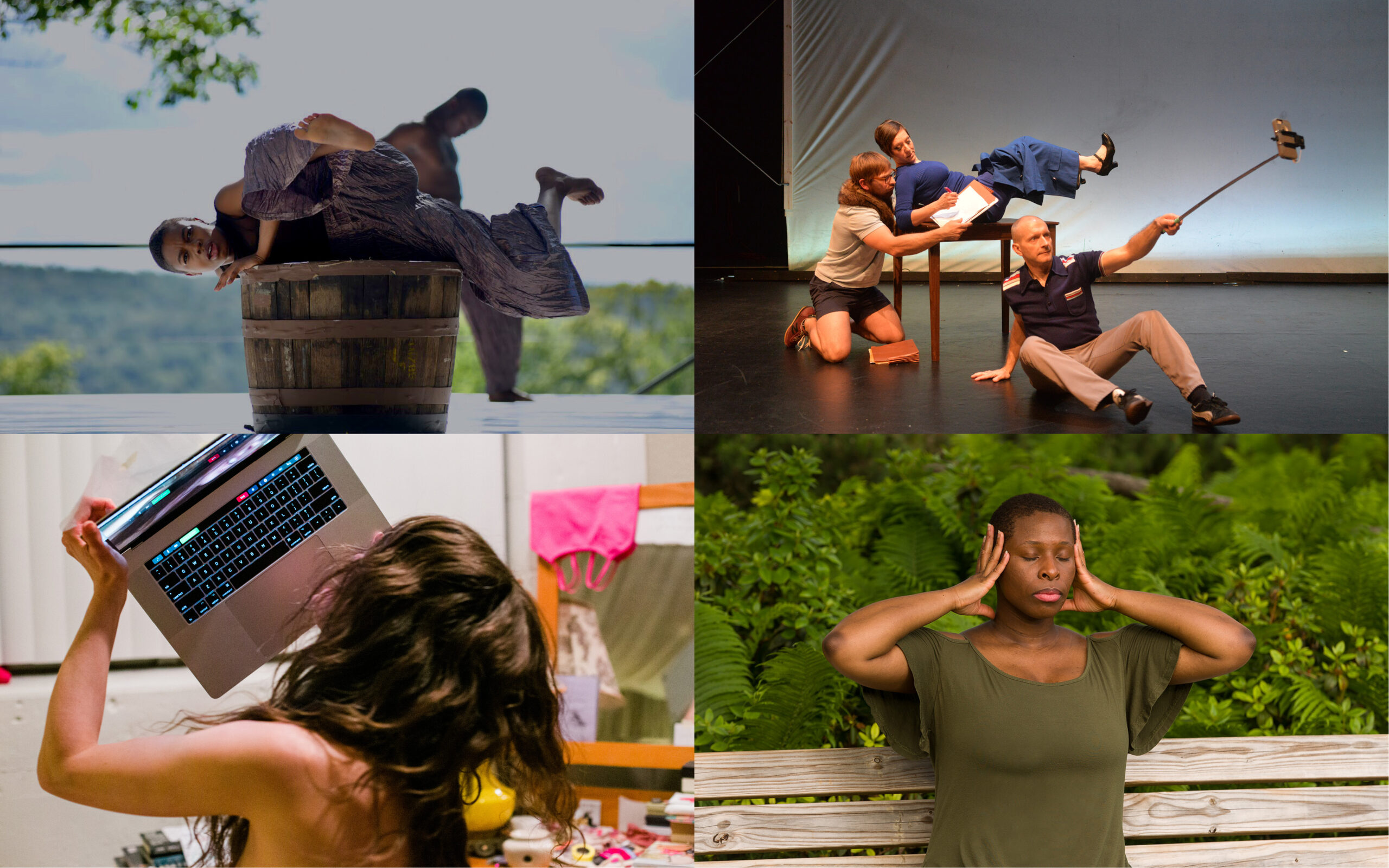 1. Dancer leans on wooden bucket. 2. Group of dancers onstage, one holding a selfie stick. 3. Person sits on bench with head in their hands. 4. Person holds silver laptop in the air.