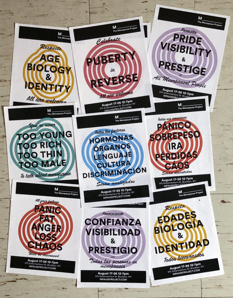 Nine flyers with multicolored circular designs and varied text in English and Spanish.