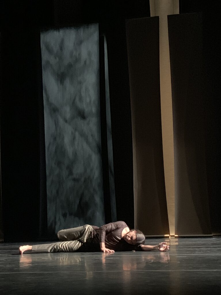 Person with long, dark hair pulled back lies on black marley stage floor, with limbs outstretched and one hand resting on the ground, with mottled blue, gray, and beige fabric panels behind him.