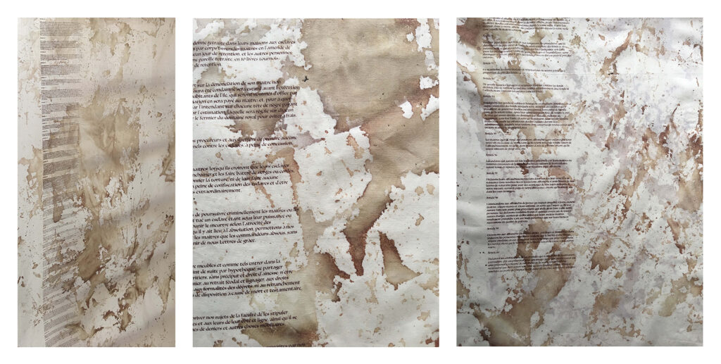 3 detail images of fabric with printed text and stained with blood.