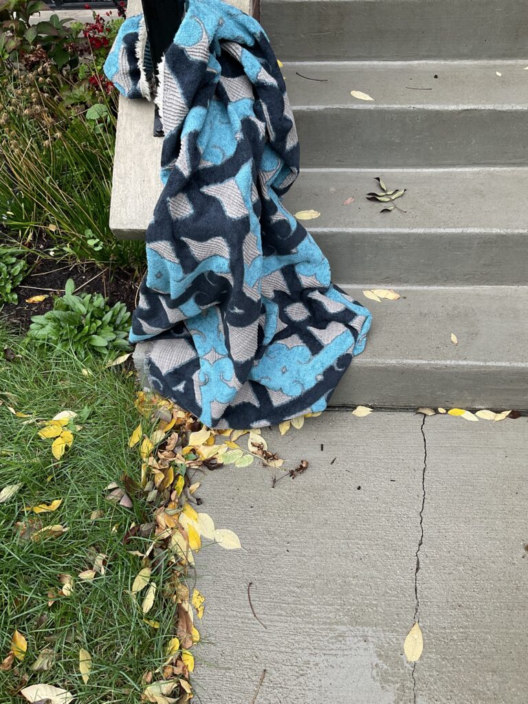Blue patterned blanket wraps around railing on gray concrete stairs, with grass and leaves below it.