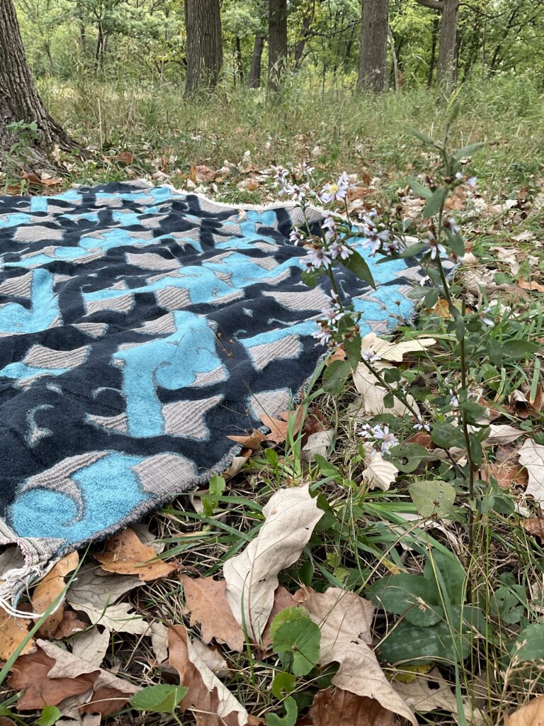 Blue patterned blanket lies flat on bed of grass and wildflowers, with tree trunks in background.