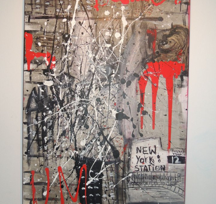 Painting with dark shapes, white splatters, red drips, and text reading "New York."