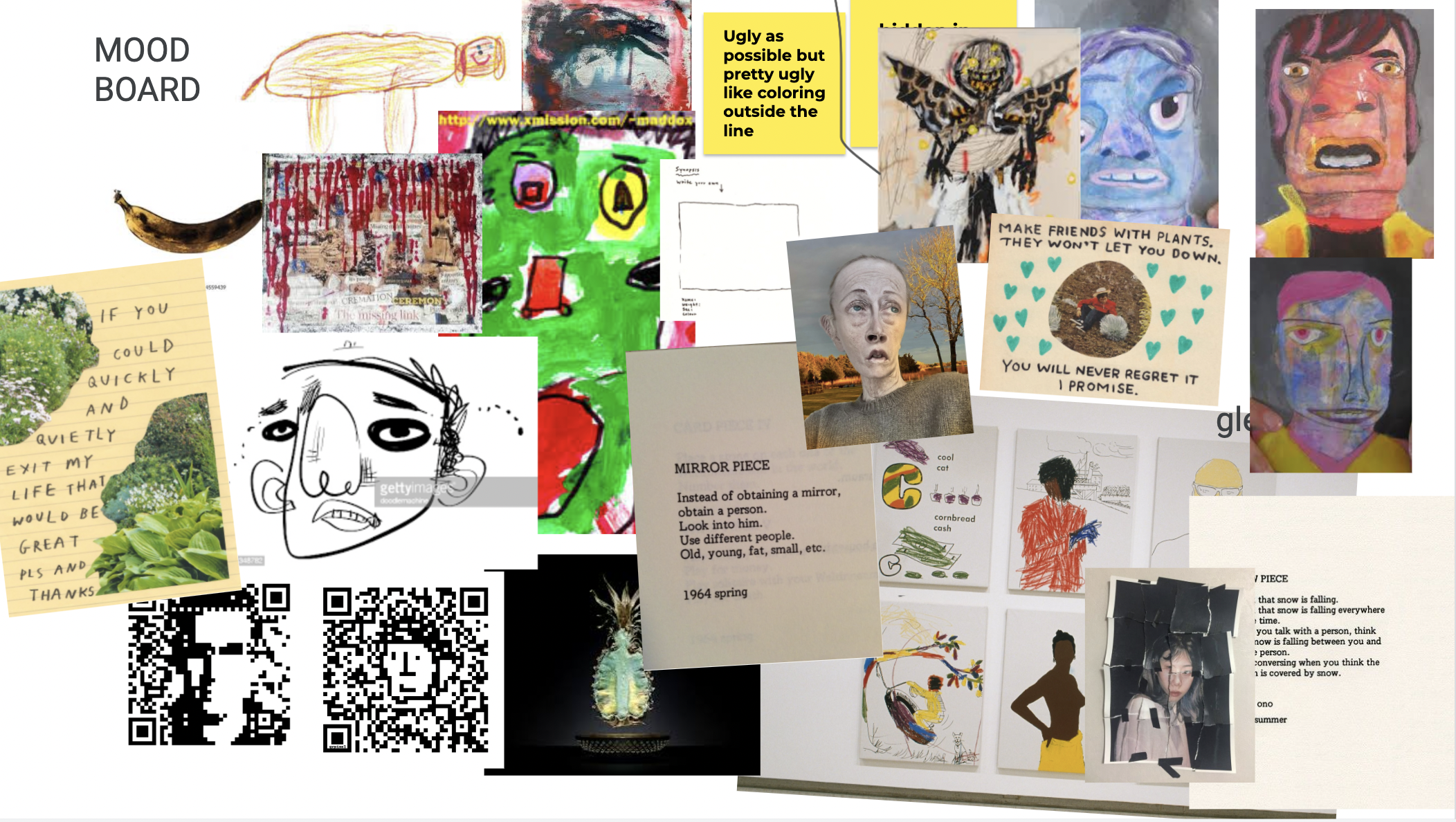 Screenshot of digital mood board with many layered images: drawings, faces, poems, post-its, QR codes.