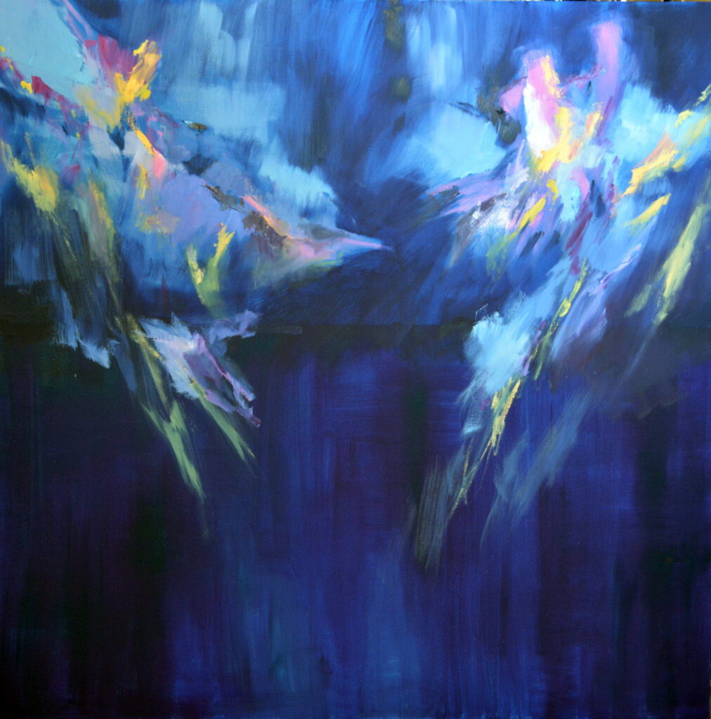 Abstract painting with dark purple blue in bottom center, and lighter blue with pink and yellow in upper corners.