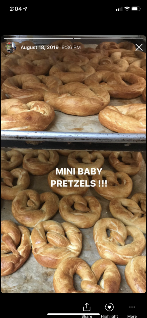 Two trays of pretzels, with text reading MINI BABY PRETZELS!!!