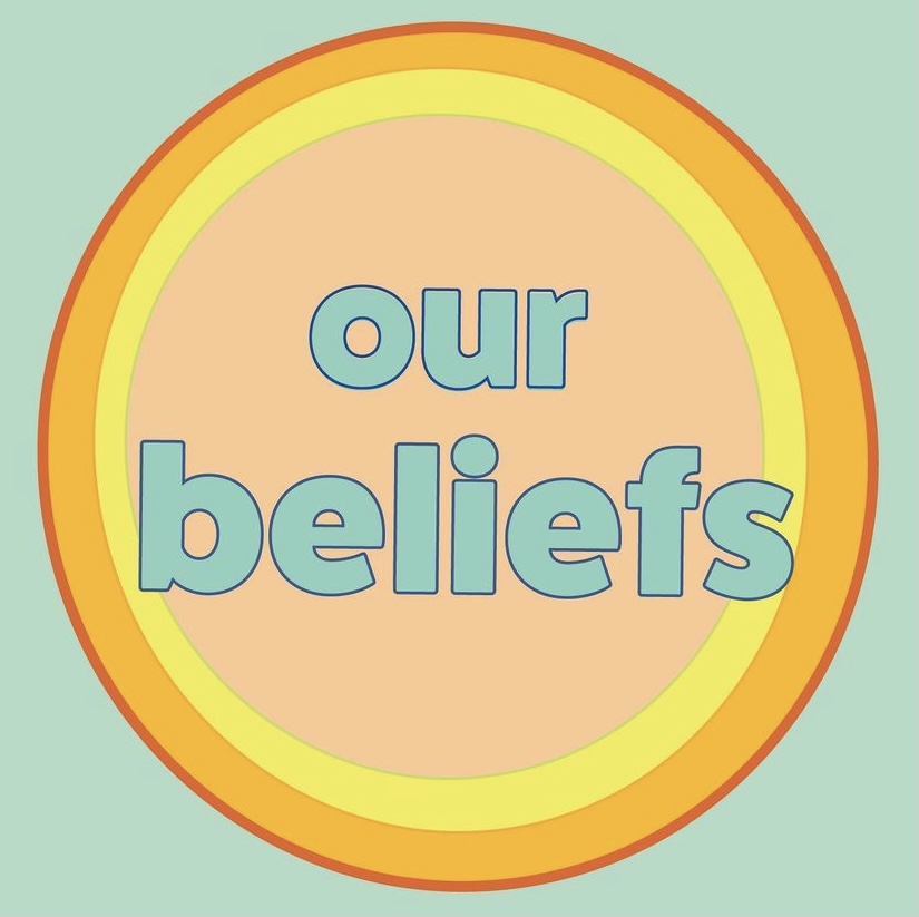 Turquoise, orange and yellow circular graphic with large letters: our beliefs.