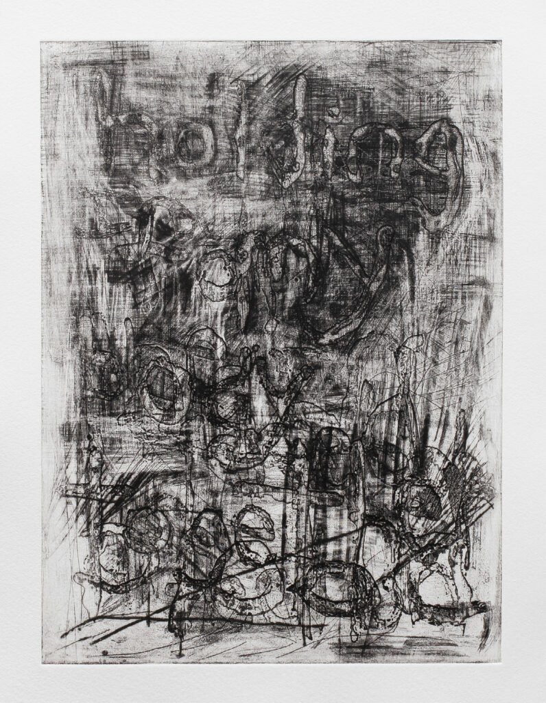 An etching full of texture, abstracted text, and mark making. The etching is black and white, with many tones of gray coming through in the distinct mark making. In hollow expressive type, the phrase “holding my body together” is barely legible.
