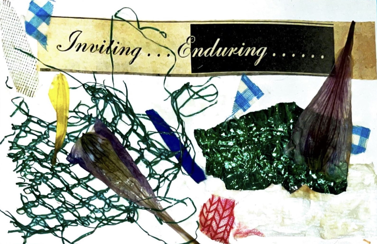 Collage with fragment of green netting, wilted petals, green metallic candy wrapper, and strip reading: Inviting... enduring...