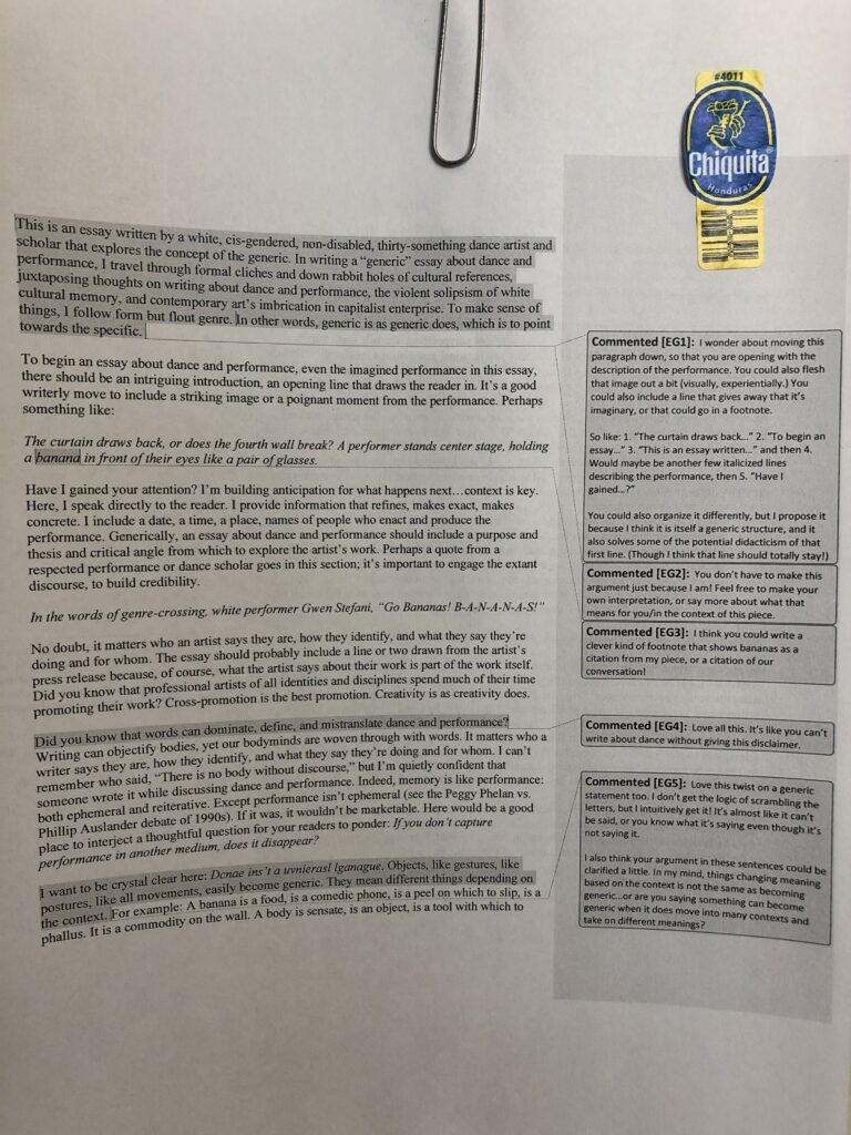Printout draft of this essay, with track changes in Word and a Chiquita banana sticker.