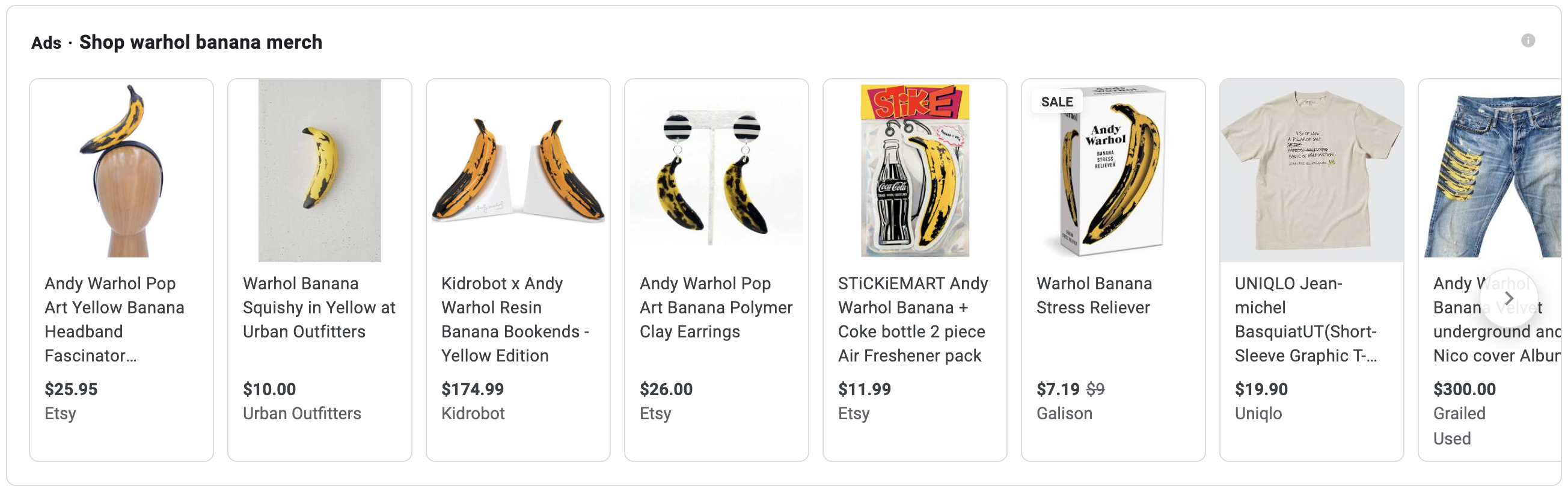 Panel of Google shopping search results, including banana headband, pillow, bookends, earrings, air freshener, stress reliever, t-shirt, jeans.