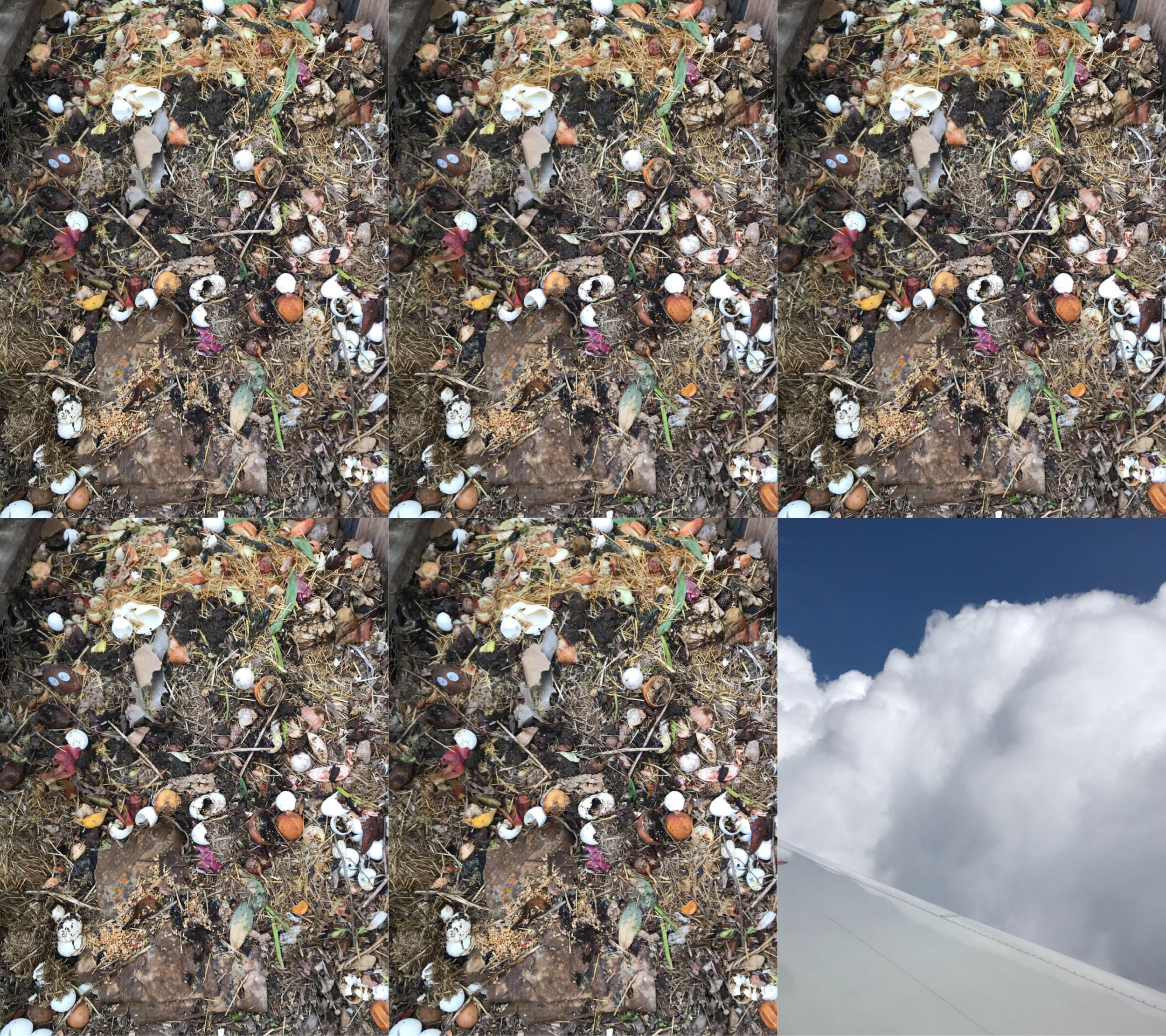 Five repeats of the same brown photo of compost, with a photo of white cloud, blue sky, and white airplane wing in lower right corner.