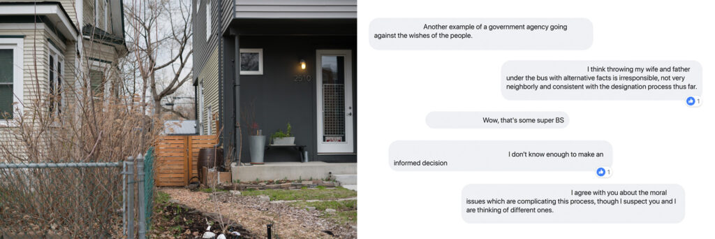Photo centered between two houses on one side, screenshot of a Facebook messages on the right