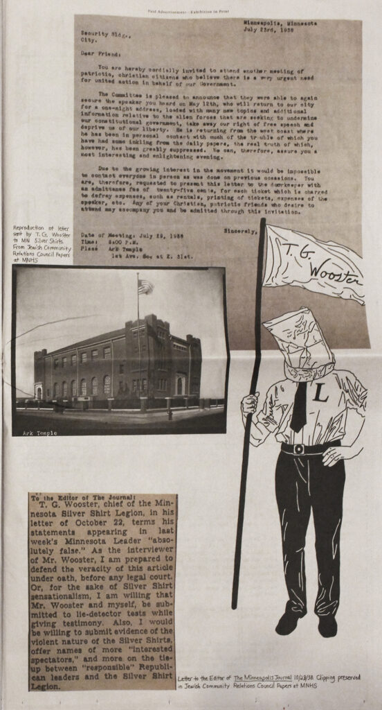 Collage of typewriter and periodical text with photo of a building and illustration of a person