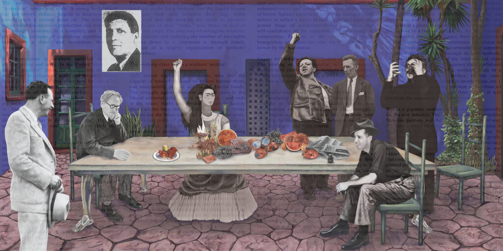 Digital collage on tapestry of notable artists and political figures at a table in front of a blue building.