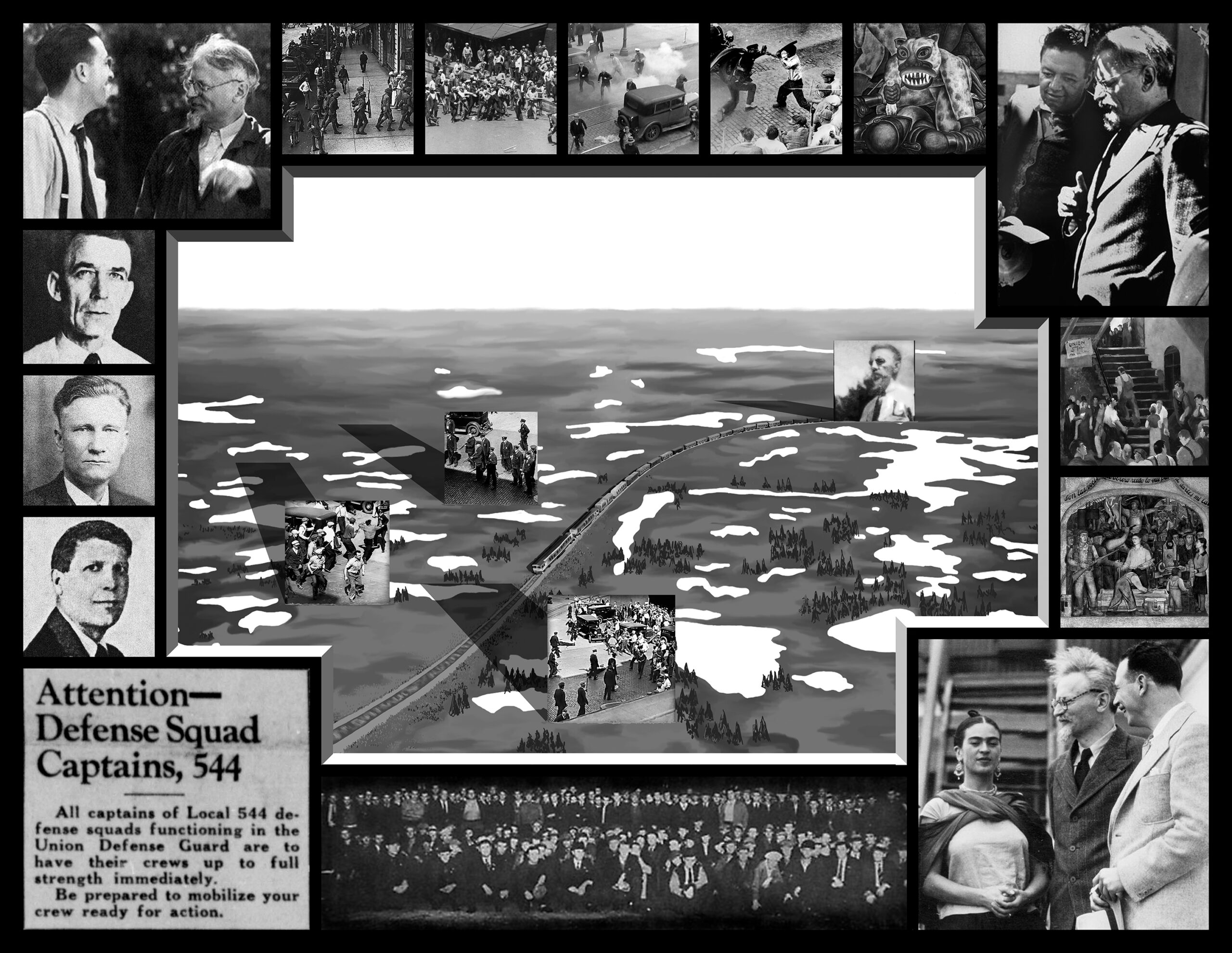 Black and white collage digital image and text with a map in the center